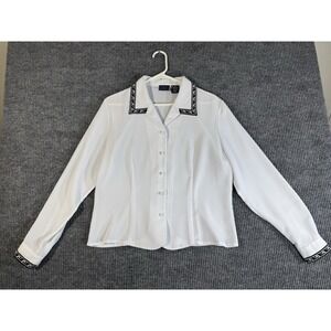 Vintage Laura Scott Women's White Black Embroidered Button-Up Blouse Long Sleeve